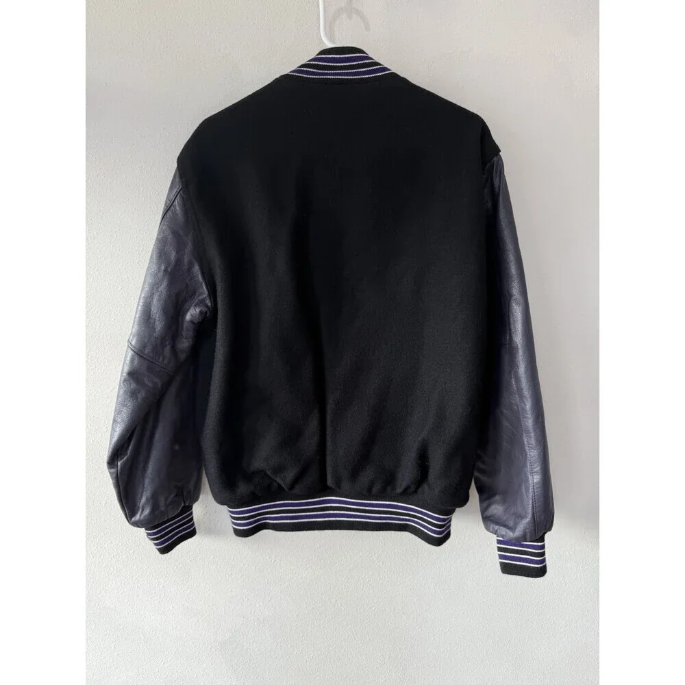 Vintage Leather Varsity Jacket Men Medium Black Wool Holloway Letterman Made USA